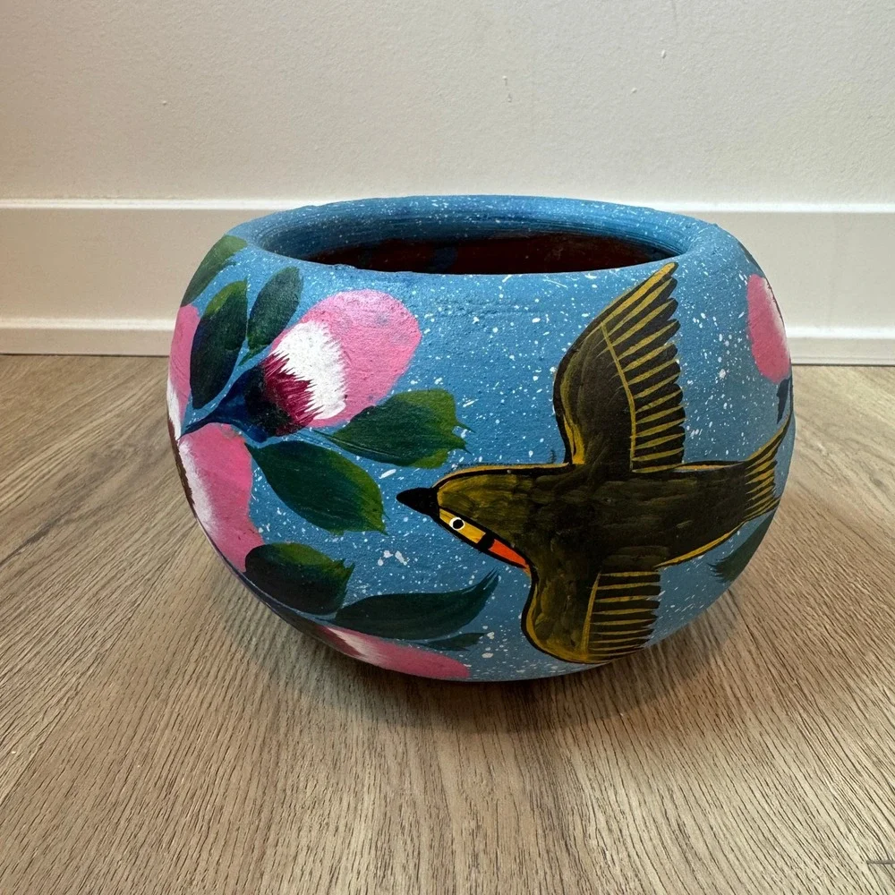Vintage Mexican Hand Painted Terracotta Planter Blue Floral Bird Folk Art Pot
